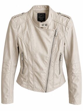 SWS Streetwear Society Cream Faux Leather Moto Jacket Size L